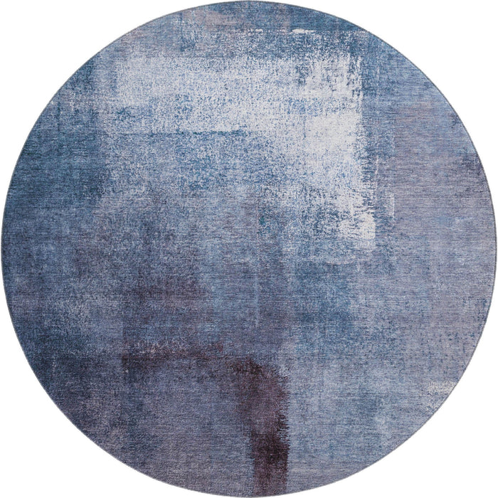 8' Transitional Abstract Washable Polyester Round Rug With UV Protection - Navy Blue And Ivory