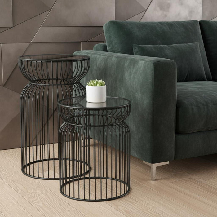 Tempered Glass Metal Wire Round Drum End Tables (Set of 2) - Clear / Black