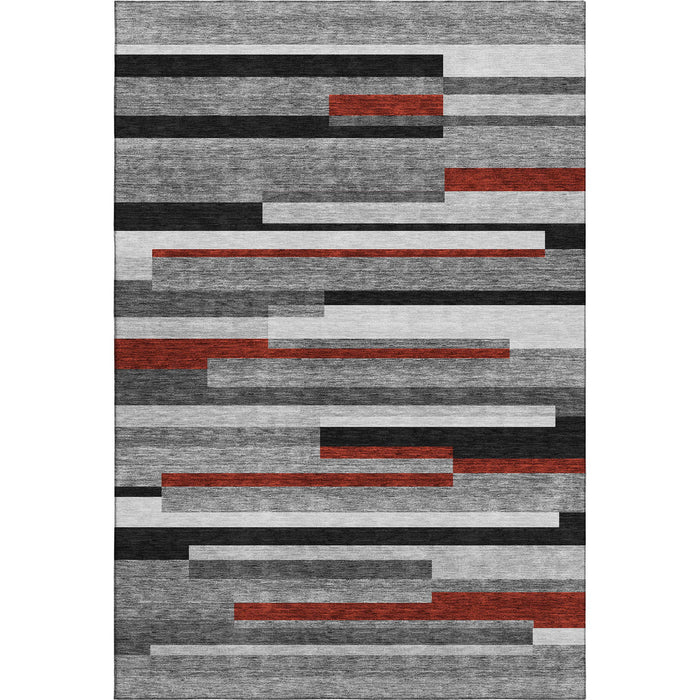 10' X 14' Striped Washable Area Rug With UV Protection (675774) - Gray / Red / Silver