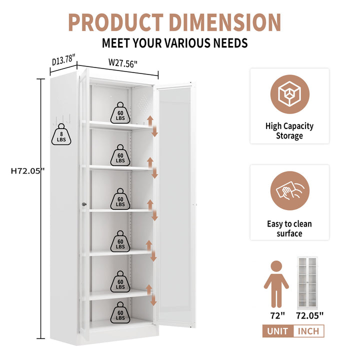 Giga industrial metal kitchen pantry cabinet with adjustable shelves in white, showcasing a sturdy display cabinet design.
