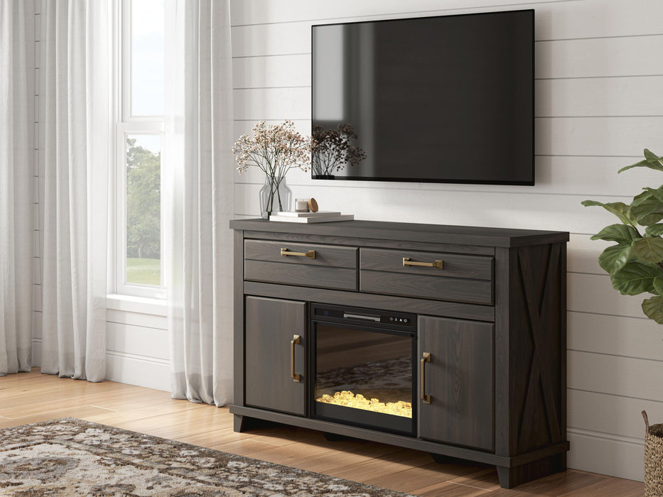 Signature Design by Ashley Brazen Valley TV stand with fireplace option, featuring a dark wood finish and modern design.