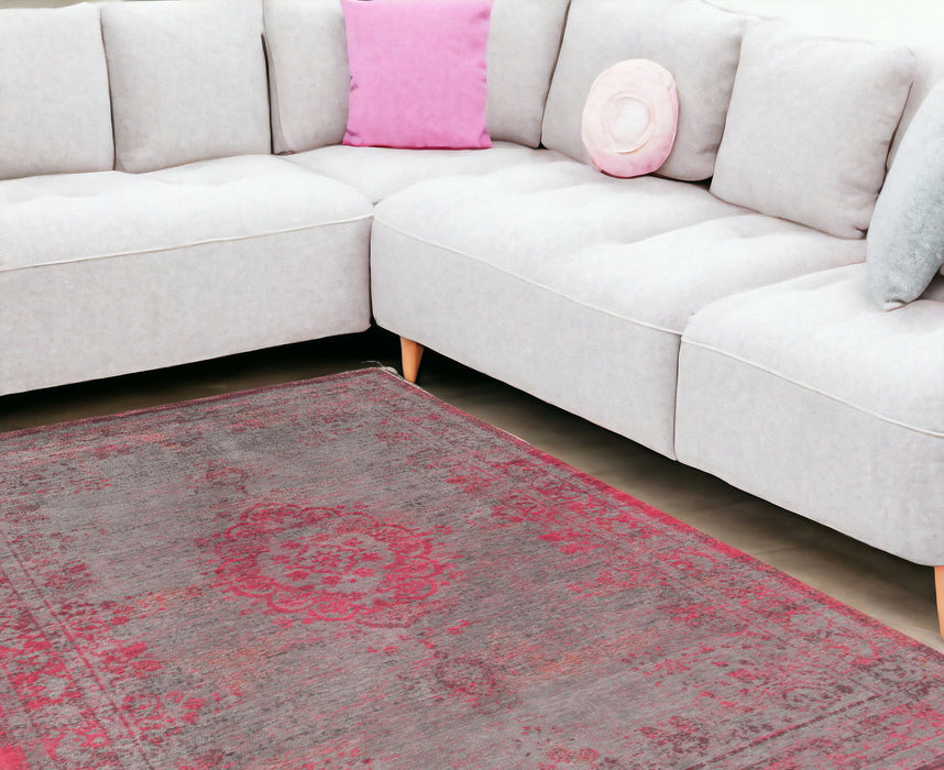 7' x 11' Medallion Non Skid Area Rug - Gray And Pink