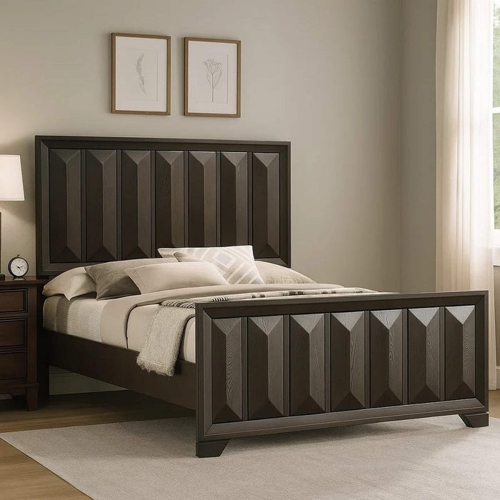 Giga 3-piece bedroom set with faceted panel bed and two matching nightstands, modern furniture for stylish bedroom decor.