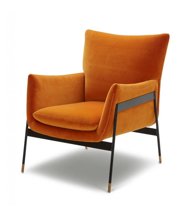 Velvet Solid Color Flared Arms Wingback Chair Metal Black Legs - Orange