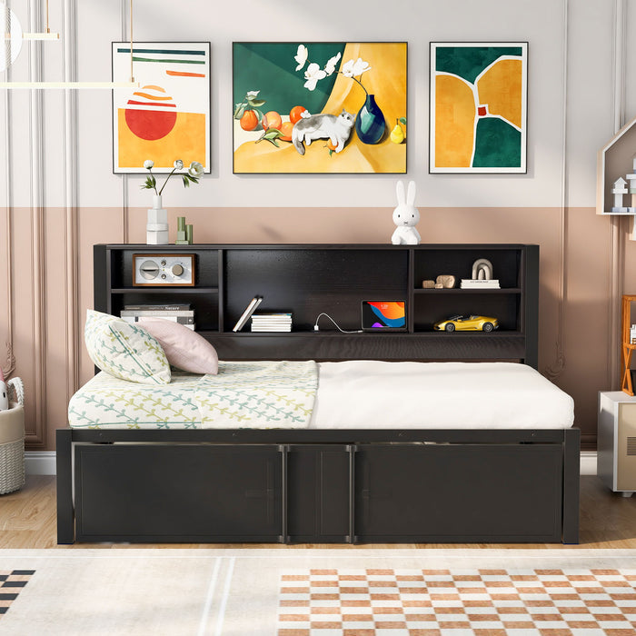Industrial metal Giga daybed with trundle, storage shelves, and USB ports, showcasing a modern, sturdy design suitable for bedrooms.