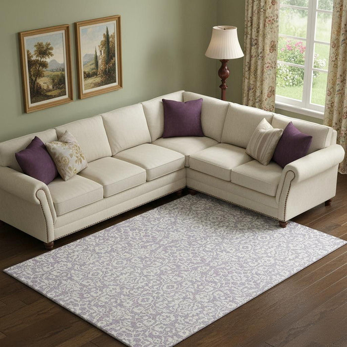 10' X 14' Damask Washable Area Rug With UV Protection (673145) - Lavender / Ivory