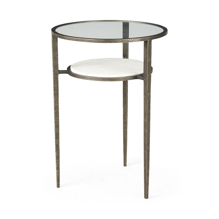 Glass And Metal Round End Table With Shelf - Bronze And Clear