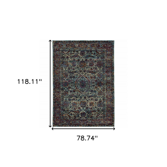 7' x 10' Oriental Power Loom Area Rug - Blue And Purple