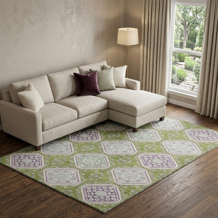 10' X 14' Floral Washable Area Rug With UV Protection (693738) - Lime Green / Ivory / Purple