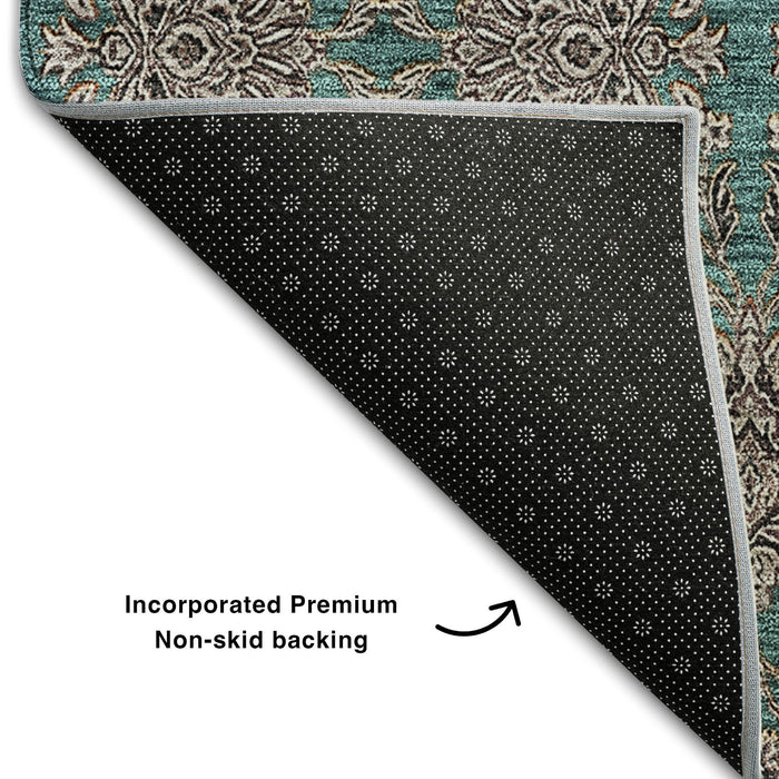 10' X 14' Floral Washable Area Rug With UV Protection (656861) - Teal / Beige