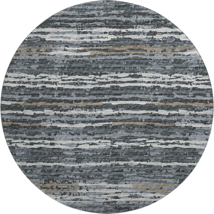 8' Striped Washable Round Rug With UV Protection - Graphite And Ivory