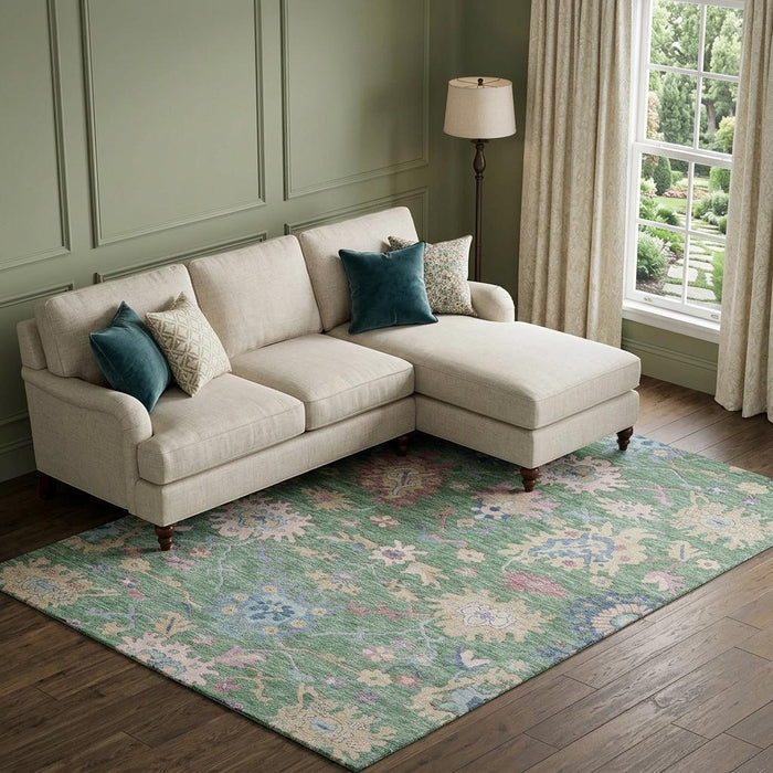 10' X 14' Floral Washable Area Rug With UV Protection (686981) - Sage / Beige / Blue
