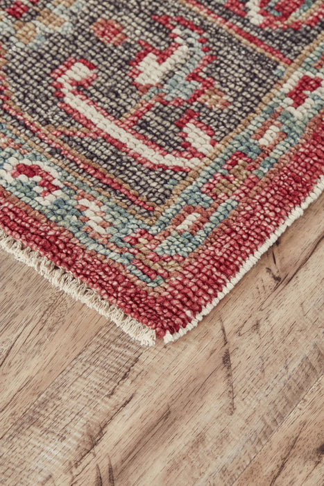 5' x 8' Wool Floral Hand Knotted Distressed Stain Resistant Area Rug With Fringe - Red Gray And Ivory