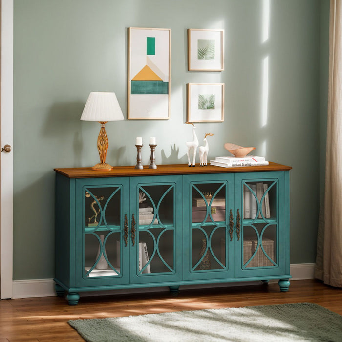 Giga elegant 4-door sideboard cabinet with tempered glass doors and wooden finish, showcasing its sleek storage design.