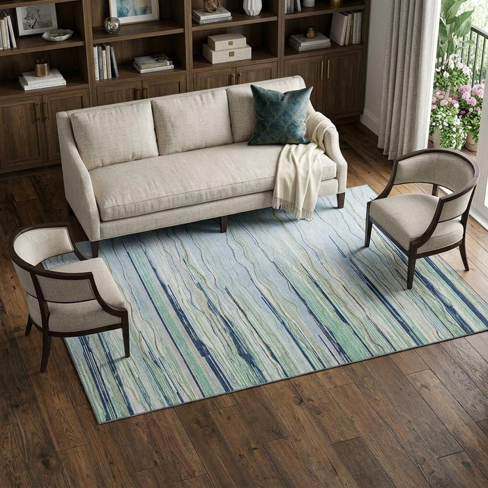 10' X 14' Striped Washable Area Rug With UV Protection (678419) - Sky Blue / Olive Green / Ivory