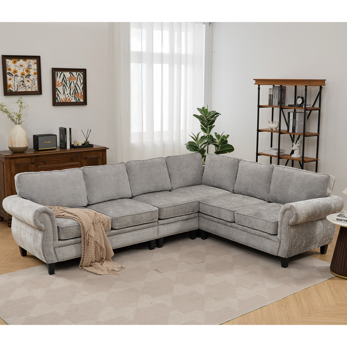 [NEW ARRIVED] [VIDEO PROVIDED] 109.5' Modular Sectional Sofa , Rivets Decorated & Rolled Armrest,L Shaped Couch for Living Room, Corner Couch, Chenille,6 Seater,7 Back Cushion, Light Gray