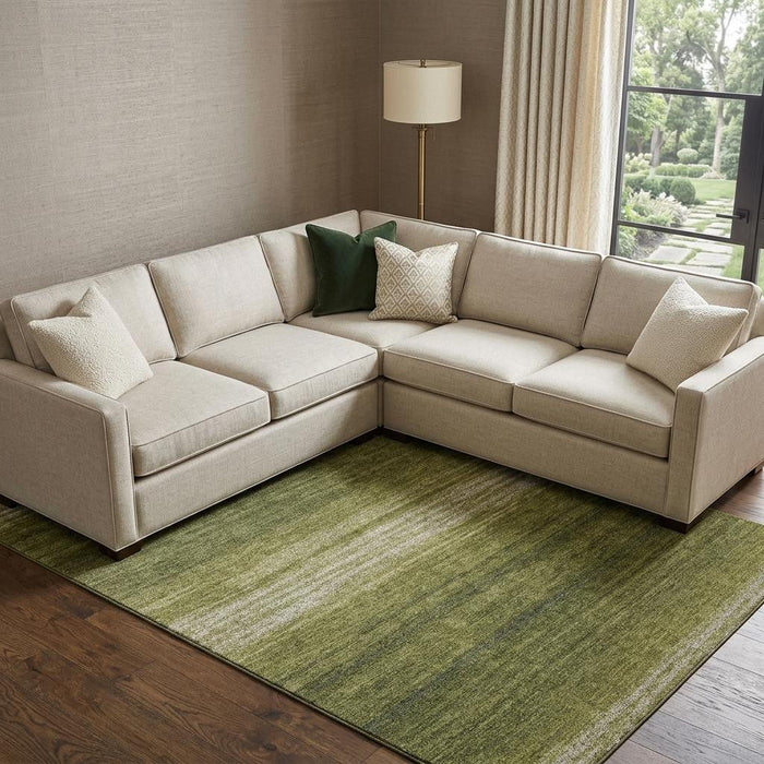 10' X 14' Striped Washable Area Rug With UV Protection (681143) - Olive Green / Ivory