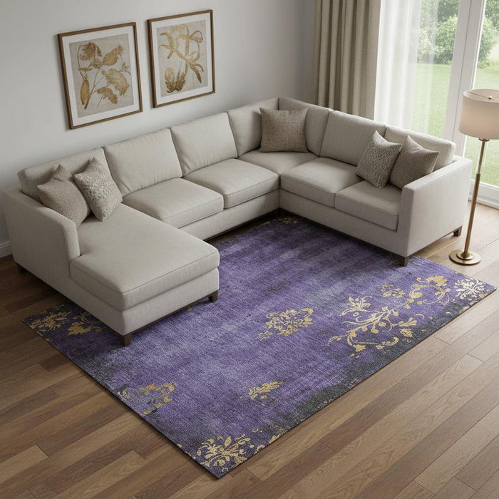 10' X 14' Floral Washable Area Rug With UV Protection (701425) - Purple / Gold