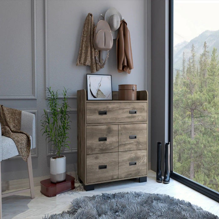 Wood Five Drawer Double Dresser - Dark Brown