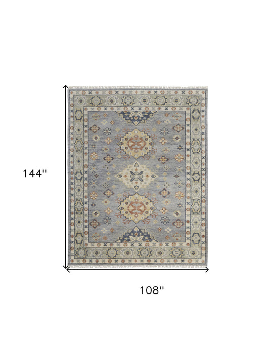 9' x 12' Wool Geometric Hand Knotted Area Rug With Fringe - Gray Blue And Taupe