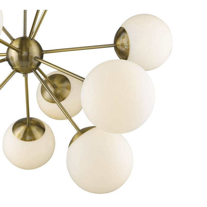HomeRoots Sputnik twelve-light chandelier with frosted metal finish, white shades, and brass accents, featuring a modern dimmable design.