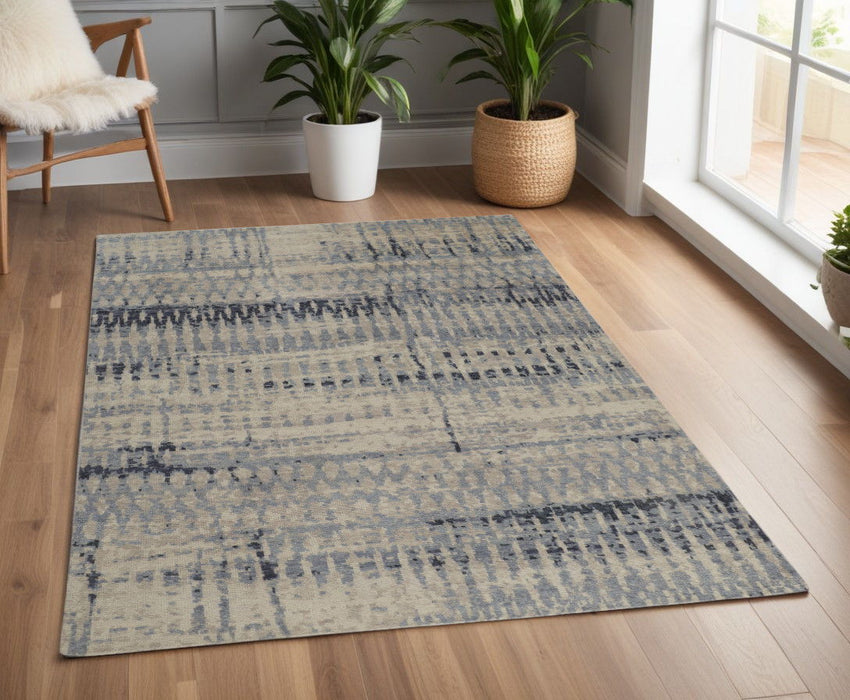 4' x 6' Wool Abstract Hand Knotted Area Rug - Gray Blue And Ivory