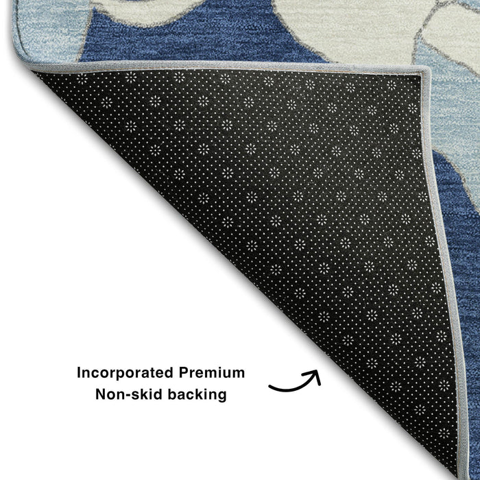 10' X 14' Floral Washable Area Rug With UV Protection (667999) - Navy Blue / Ivory