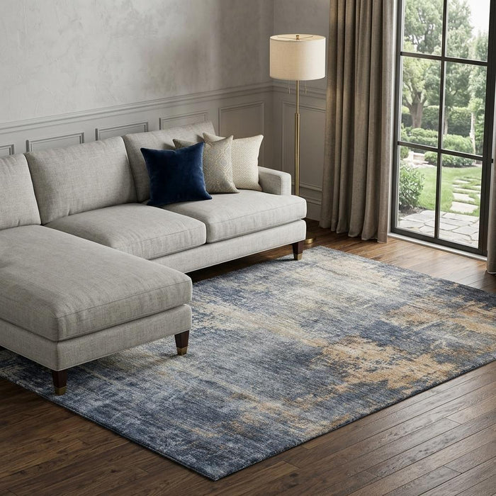 10' X 14' Abstract Washable Area Rug With UV Protection (688431) - Denim Blue / Silver / Beige