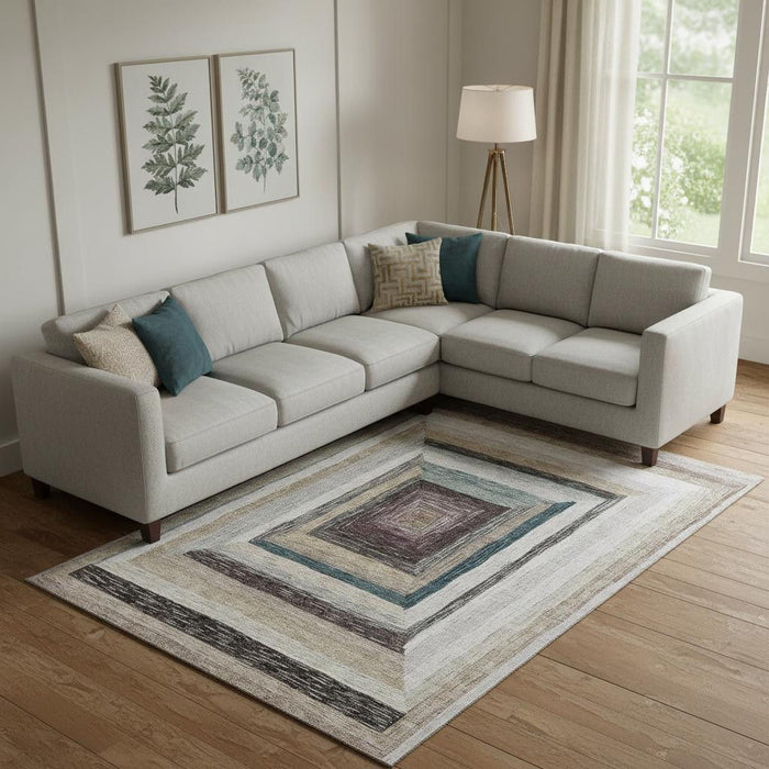 10' X 14' Geometric Washable Area Rug With UV Protection (709318) - Beige / Ivory / Charcoal