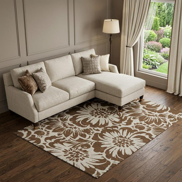 8' X 10' Floral Washable Area Rug With UV Protection (648626) - Brown / Ivory