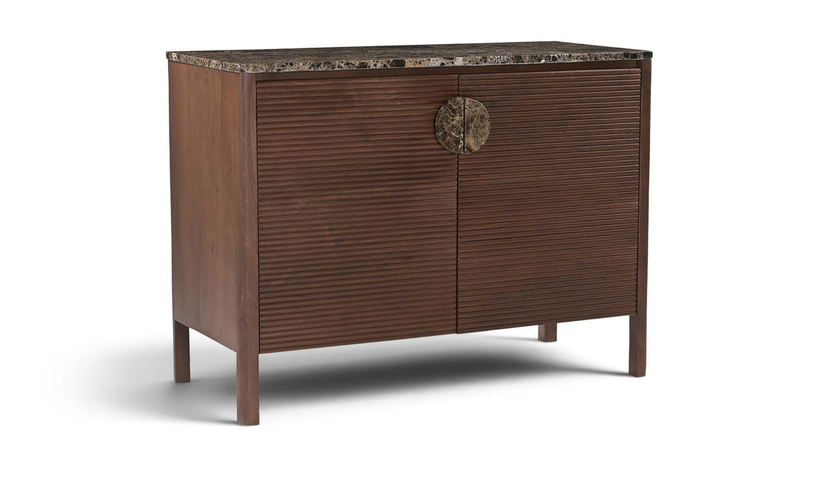 Varenna acacia wood sideboard by Meridian Furniture with sleek design and natural wood finish, featuring multiple storage compartments.