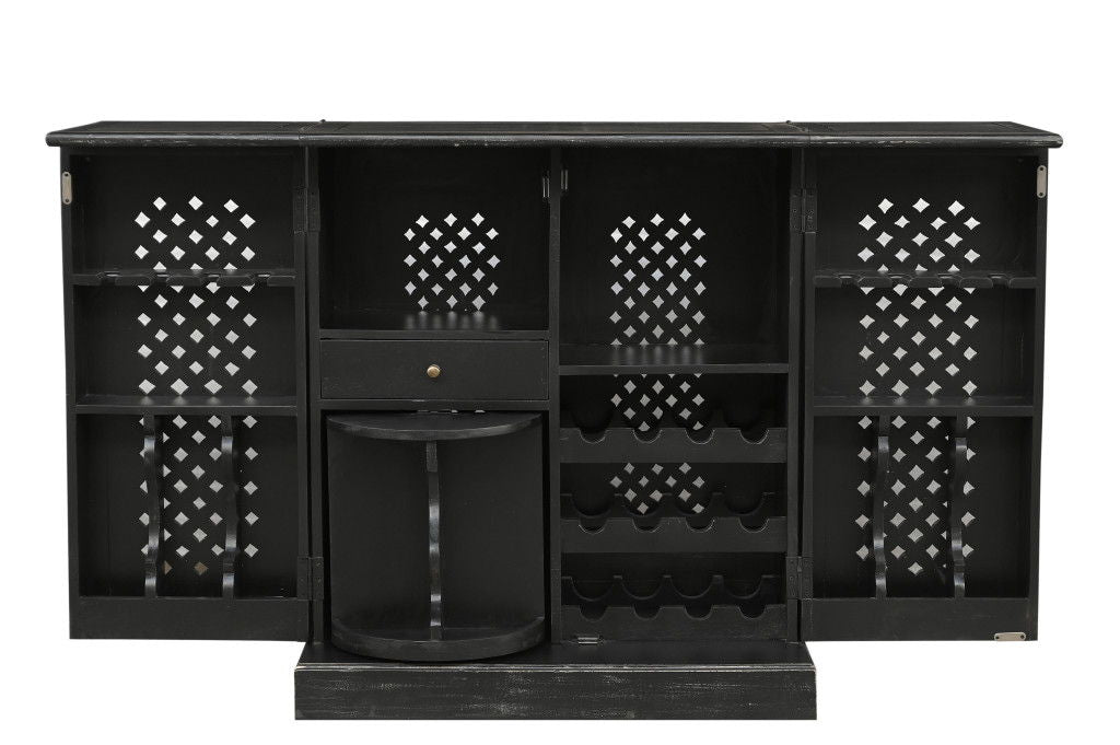 Solid Wood Carved Floral Bar Cabinet With Two Doors One Drawer (727848) - Black
