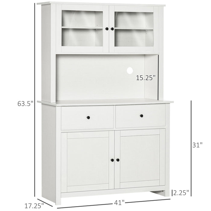 Homcom 63.5-inch antique white kitchen buffet with hutch, glass doors, shelves, drawers, and open microwave countertop.