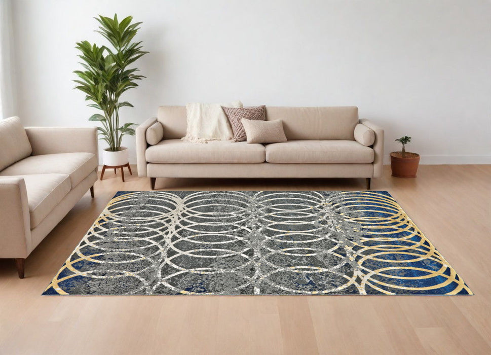 10' x 13' Geometric Power Loom Worn Faded Area Rug - Gray Ivory And Blue