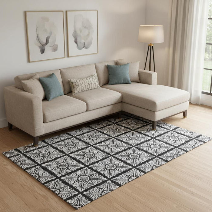 10' X 14' Medallion Washable Area Rug With UV Protection (667771) - Black / Ivory