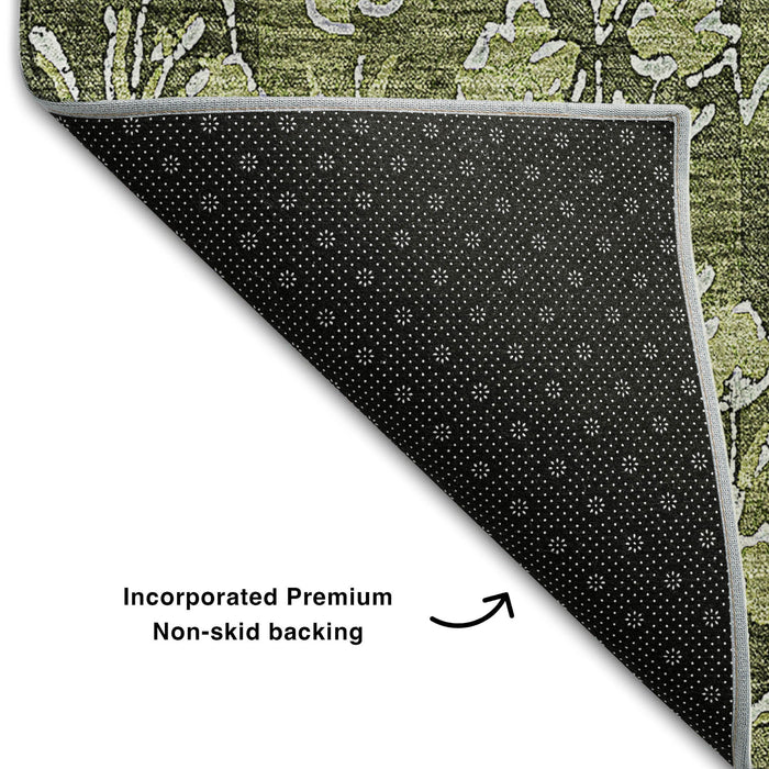 10' X 14' Floral Washable Area Rug With UV Protection (656460) - Olive Green / Ivory
