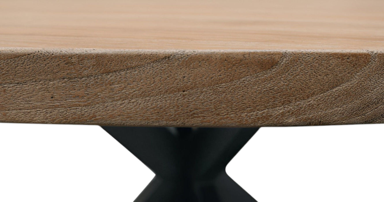 60" Rounded Solid Wood And Iron Pedestal Base Dining Table - Natural / Brown