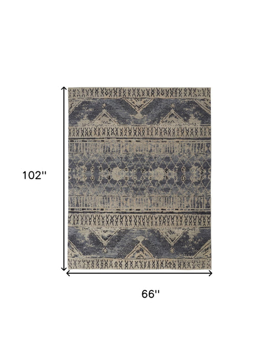 6' x 9' Wool Floral Hand Knotted Area Rug - Gray Blue And Ivory