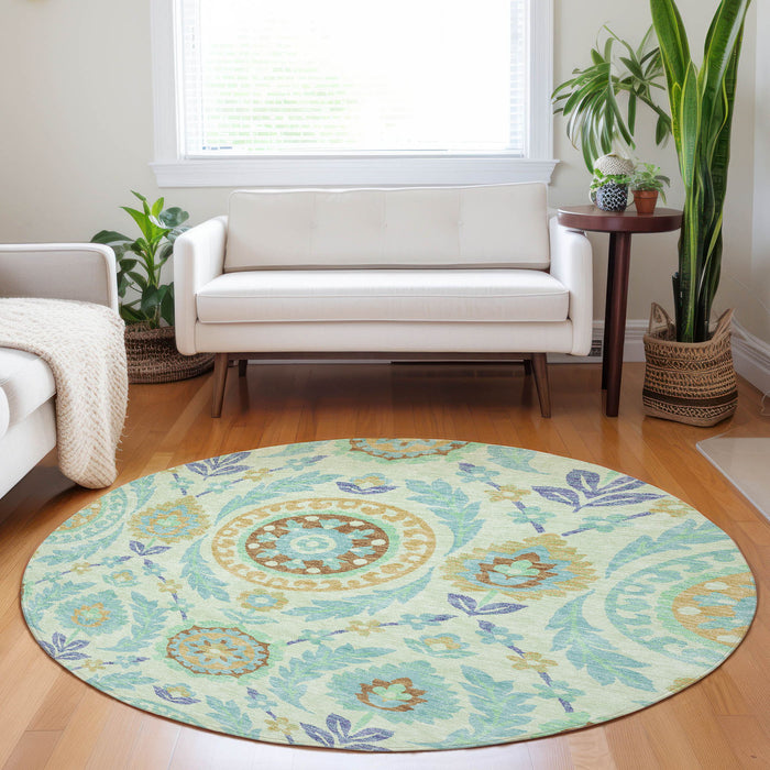 8' Floral Washable Round Rug With UV Protection - Mint Green