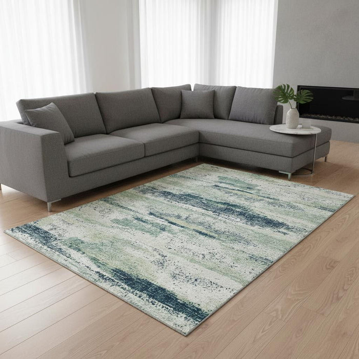 10' X 14' Abstract Washable Area Rug With UV Protection (675030) - Mint Green / Ivory / Blue