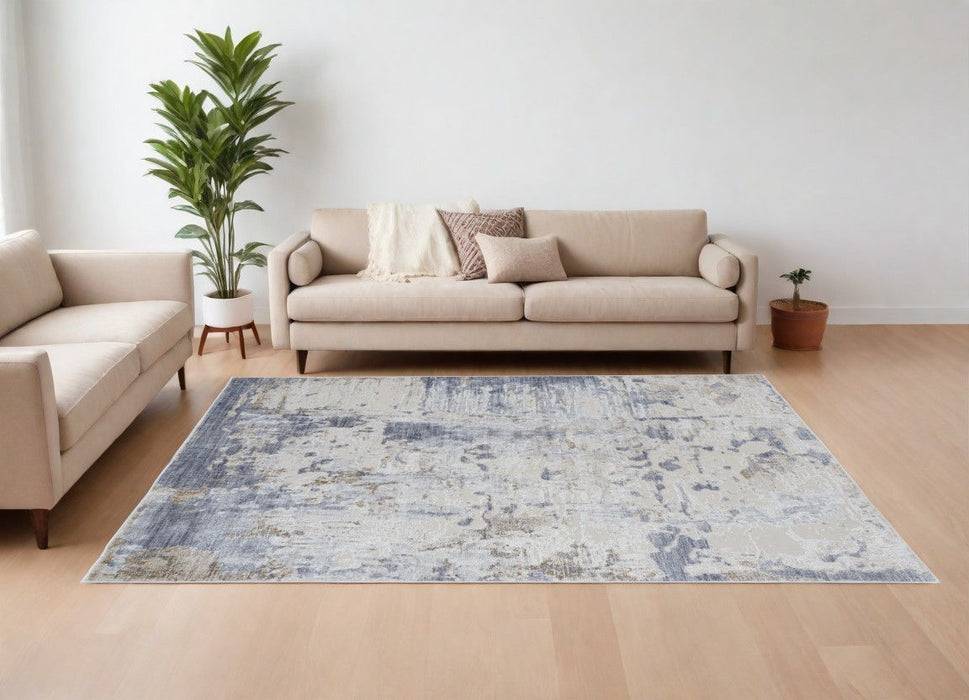 10' x 13' Abstract Power Loom Worn Faded Area Rug - Ivory Gray And Blue