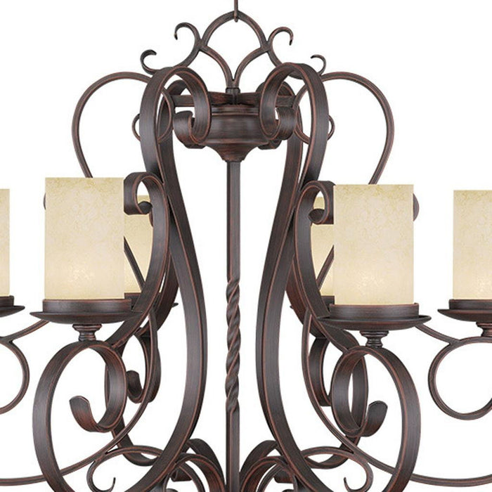 27-inch bronze metal chandelier with six cream shades, dimmable lighting and elegant design by HomeRoots.
