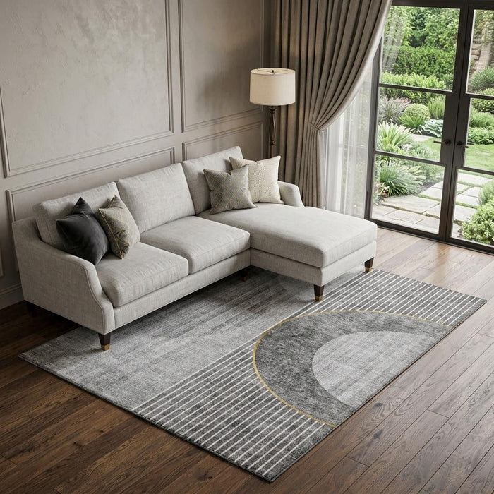 10' X 14' Geometric Washable Area Rug With UV Protection (655740) - Charcoal / Gold / Silver