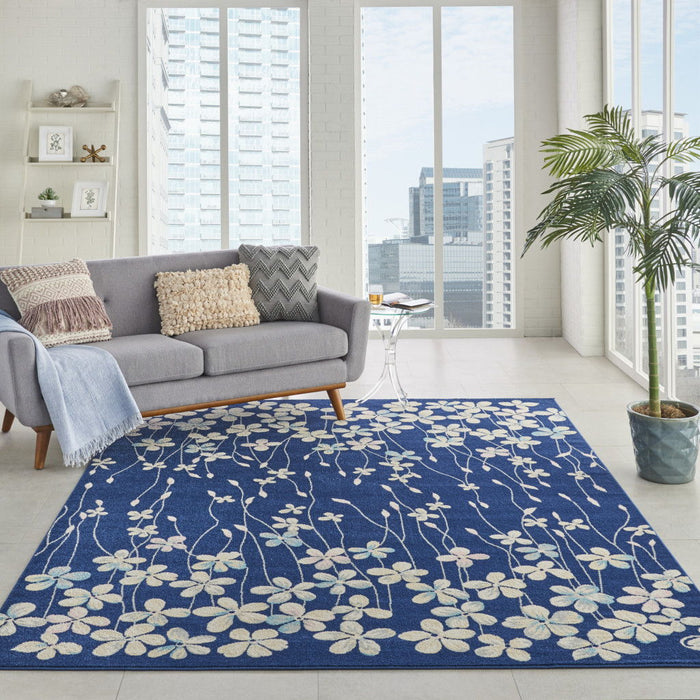 9' X 12' Floral Polypropylene Area Rug - Ivory And Navy Blue