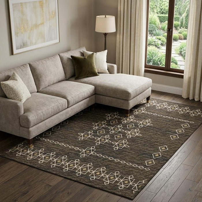 9' X 12' Tribal Washable Area Rug With UV Protection (644819) - Brown / Ivory / Gold