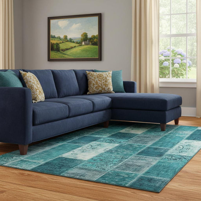 10' X 14' Patchwork Washable Area Rug With UV Protection (652971) - Teal / Ivory