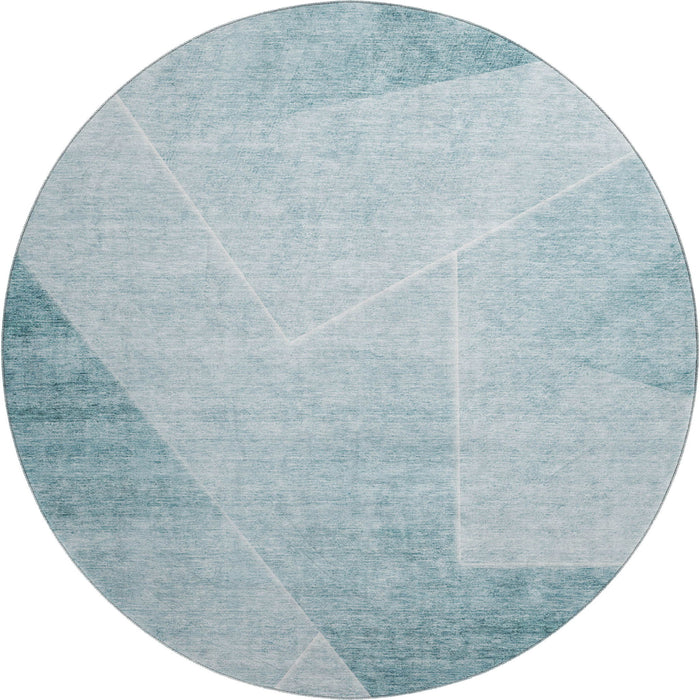 8' Geometric Washable Round Rug With UV Protection - Ivory And Teal