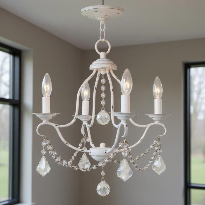 Four-light metal chandelier with shades in antiqued white finish, dimmable design, by HomeRoots.