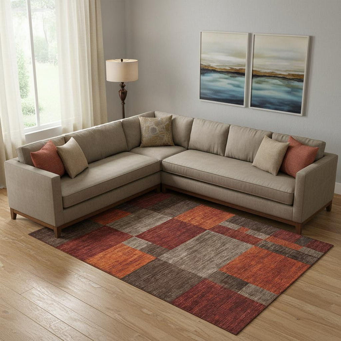 10' X 14' Geometric Washable Area Rug With UV Protection (700053) - Chocolate / Orange / Rust