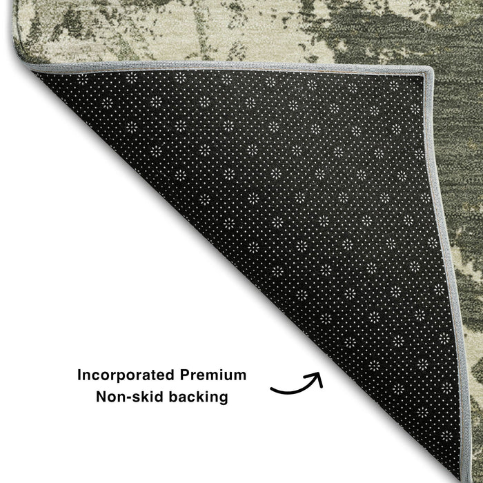 10' X 14' Floral Washable Area Rug With UV Protection (670357) - Olive Green / Beige / Ivory